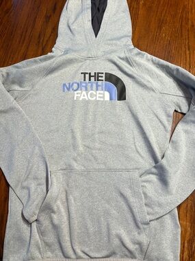 The North Face Light Gray Hoodie with Black, Blue & White Logo